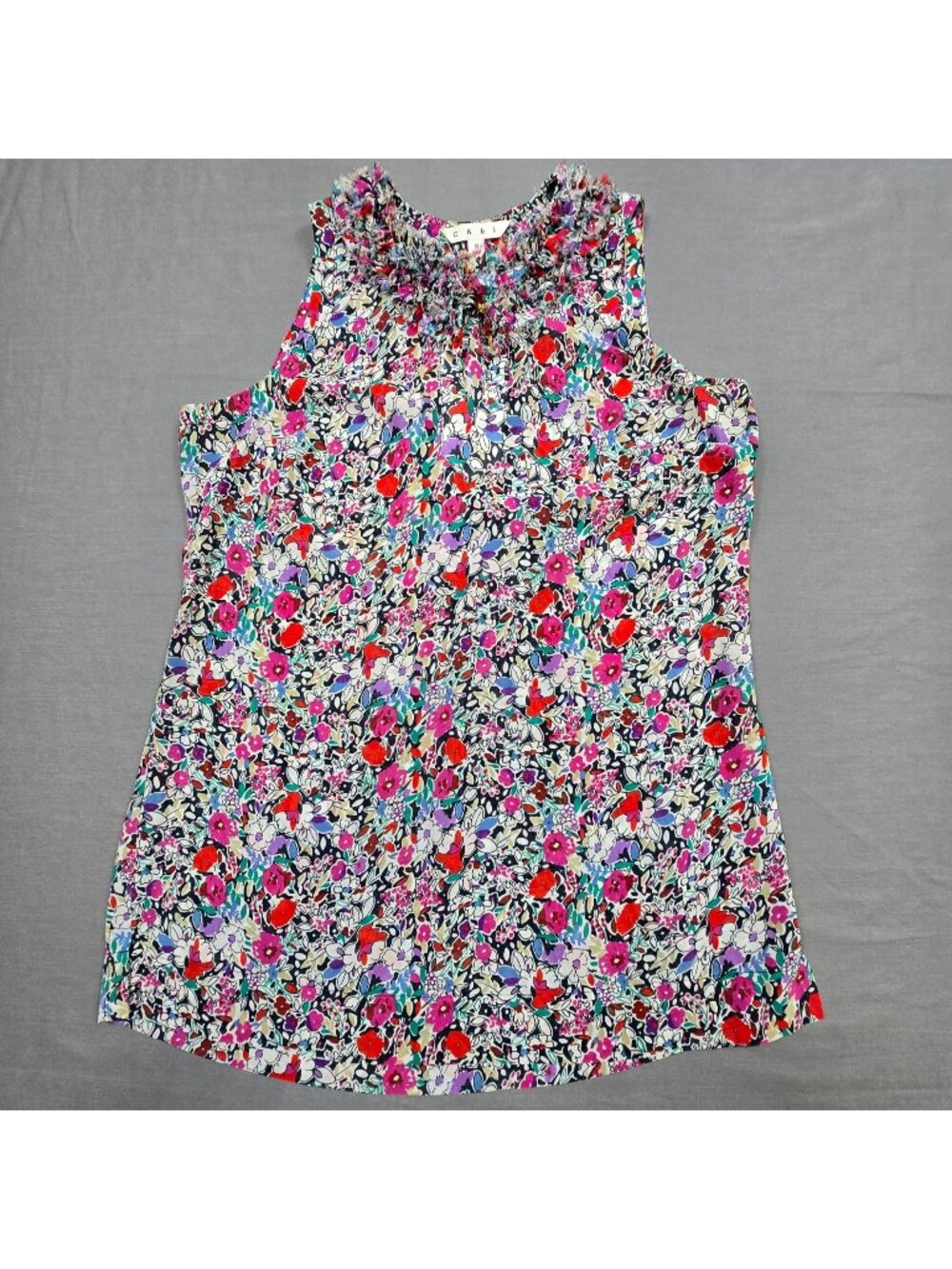 Cabi Small Sleeveless Floral Print Top Multicolor Frayed Collar Pullover